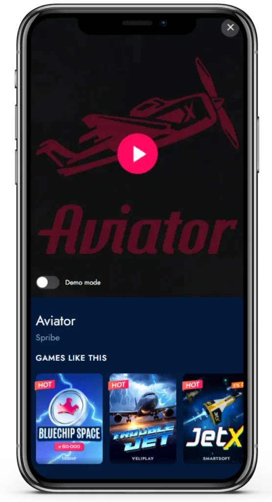 Section of Bluechip casino site with Aviator game